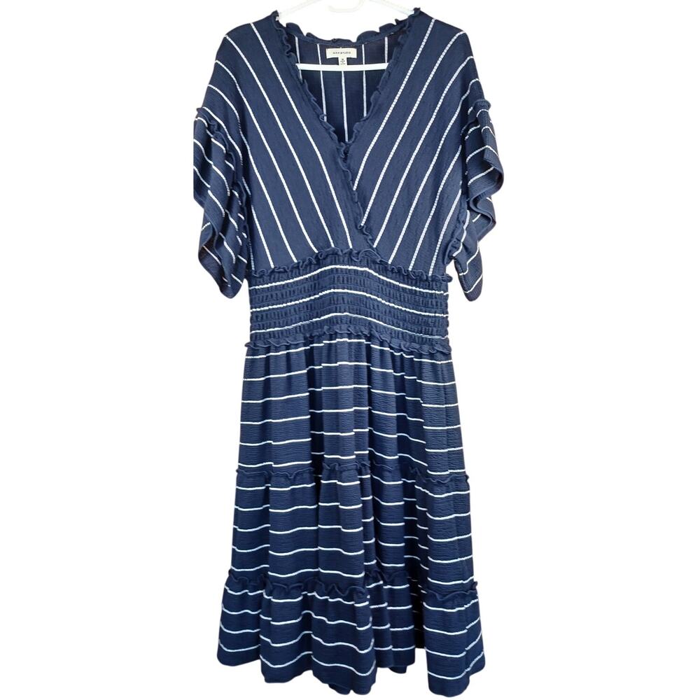 Max Studio Women's Navy & White Striped V-Neck Smocked Waist Tiered Midi Dress
